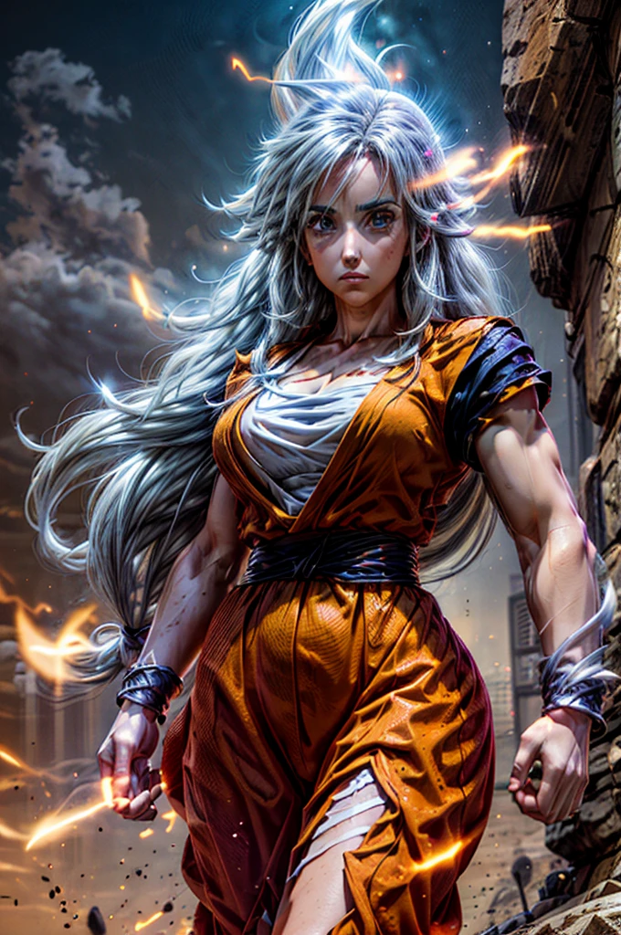 8k, Best Quality, masterpiece, Victoria Villarruel dressed as Goku, 1 girl, ultra_instinct, white_hair, glowing aura, bright white long hair, floating hair raised, bright silver eyes, slim with wide hips, serious mocking expression. outdoor, clearing, plain, desert.