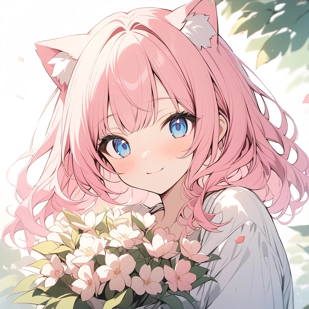 masterpiece, Highest quality, White background,beautiful Background,

One girl,View your viewers,front ,独奏, Pink Hair,Cat ear,Holding a bouquet,smile