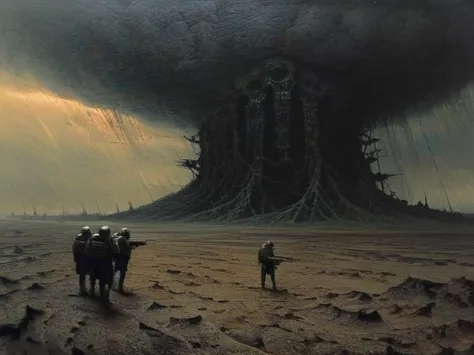 drawing inspiration from 20th century surrealists like zdislaw beksinski, mercenaries holding laser guns stand on a stormy battl...