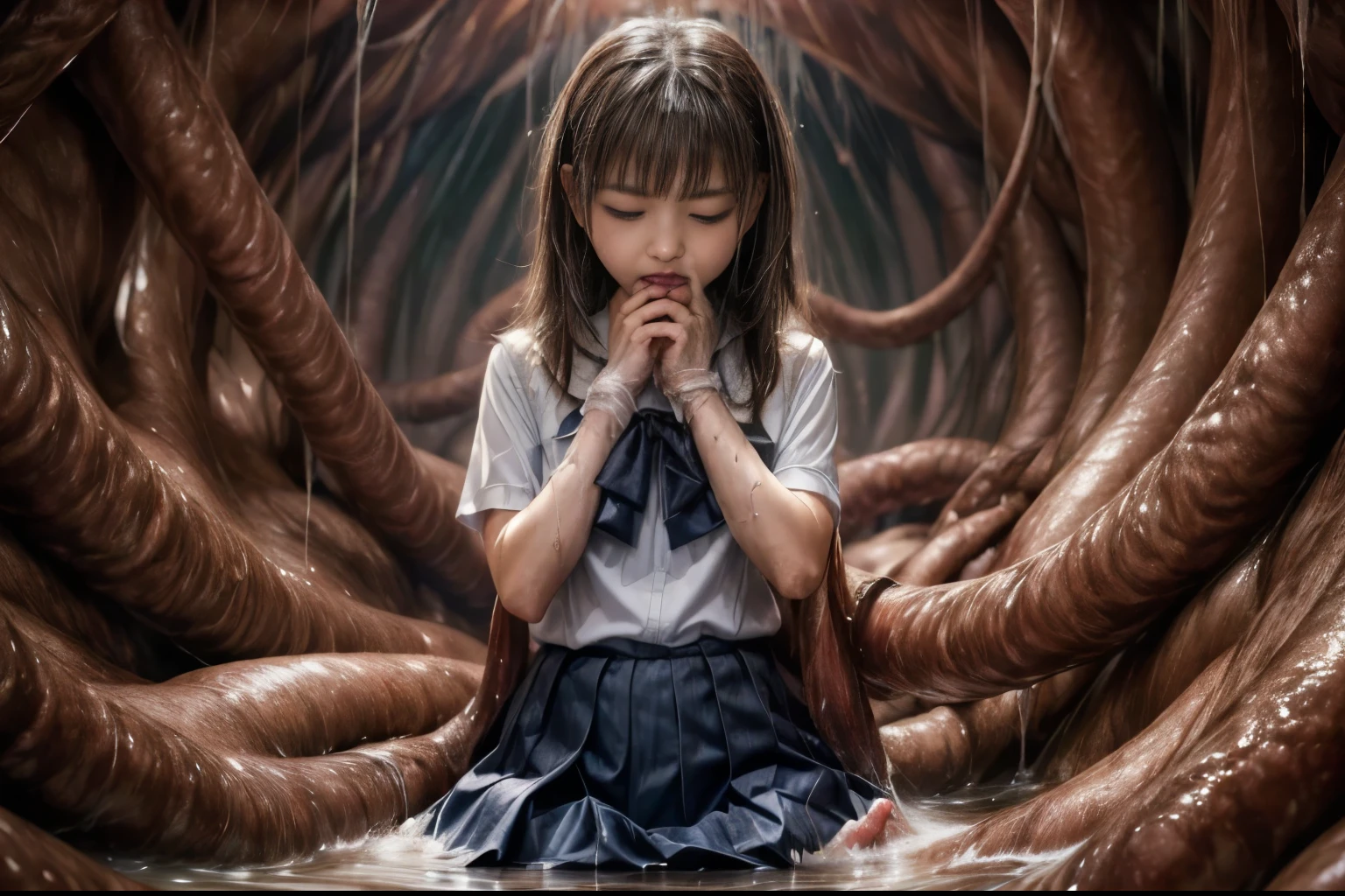 creepy tentacles are (((licking))) Asian school girl (inside creature:1.4) of stinky saliva fluids in fantasy, (stinky dress), wet girl, sitting, ((looking at the viewer)), wet skin, bukkake, anguished, bound by slimy tentacles, bdsm, vine, sitting in a mirror, she is resisting from cum shot, fetish, pussy juice stain, (she is hiding her mouth:1.5) inside creature, slimy ((wet skin)) dripping, (beautiful eyes), dried saliva, ((steaming)), depth of field, 1girl, solo, censored, ((white blouse)), skirt, bowtie, school girl, vore, photorealistic, womb cave filled with slime and saliva, wet, soaked, sticky