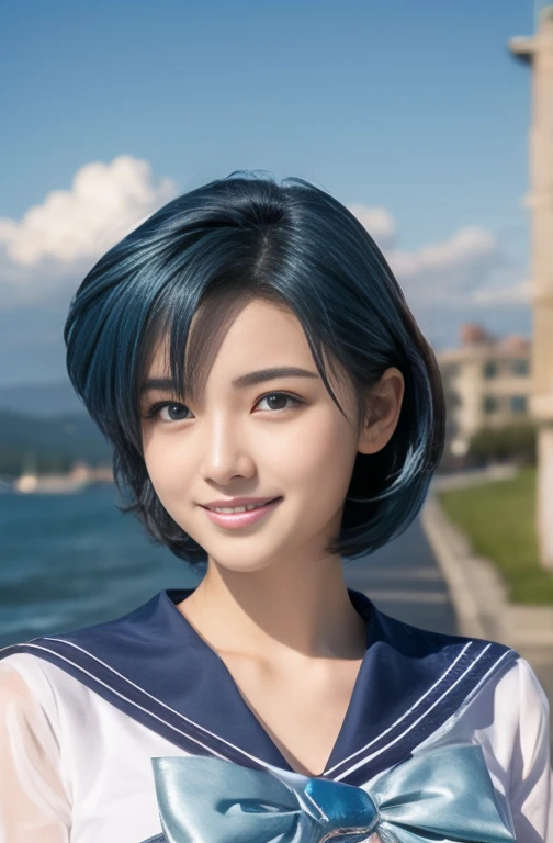 ((Highest quality)), ((masterpiece)), (detailed),　Sailor Mercury、Blue Hair、smile、Hair blowing in the wind、Sailor Warrior Uniforms、Costumes、Cosplay、