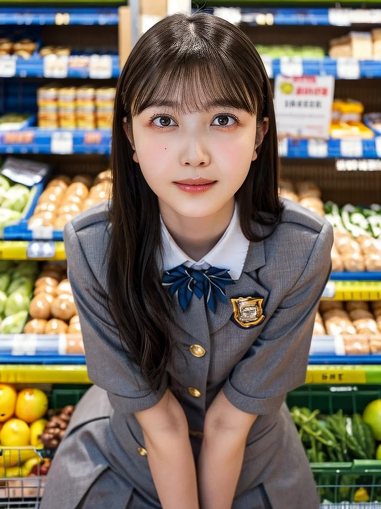 One Girl, (beautiful girl, Delicate girl:1.3), (14 years old:1.3),
break, (Uniform Costume:1.3),
break, (Sitting in the supermarket:1.2),
break, Very beautiful eyes, (Symmetrical eyes:1.3),
break, Small breasts, Brown eyes, Parted bangs, Brown Hair, (Upper teeth, The best smile:0.2),
break, (Eye and facial details:1.0),
break, (masterpiece, Highest quality, Very detailed, Detailed face, 8k)