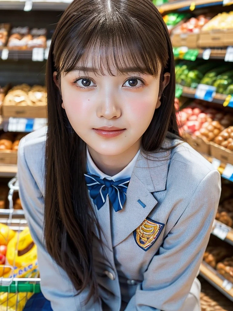 One Girl, (beautiful girl, Delicate girl:1.3), (14 years old:1.3),
break, (Uniform Costume:1.3),
break, (Sitting in the supermarket:1.2),
break, Very beautiful eyes, (Symmetrical eyes:1.3),
break, Small breasts, Brown eyes, Parted bangs, Brown Hair, (Upper teeth, The best smile:0.2),
break, (Eye and facial details:1.0),
break, (masterpiece, Highest quality, Very detailed, Detailed face, 8k)