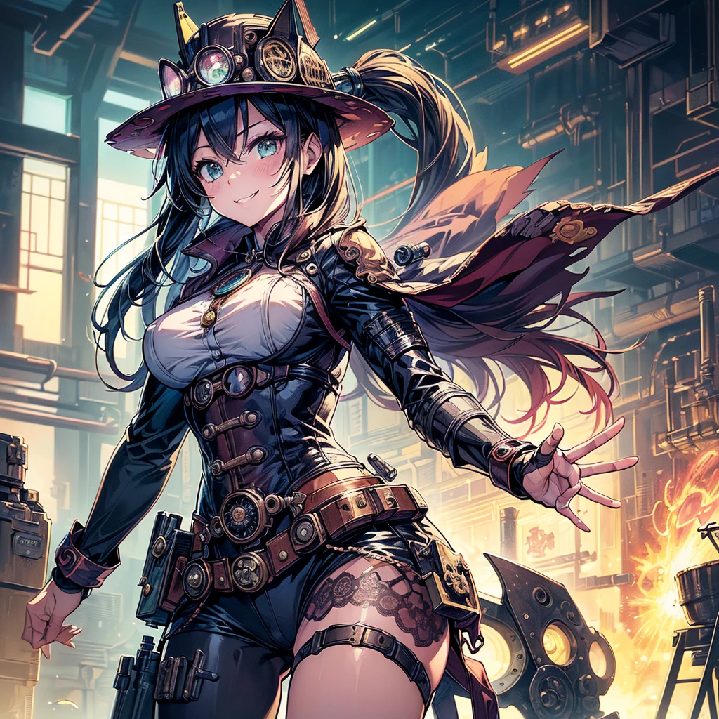 (Comic book style),(Line art_anime),(Cowboy Shot, Highest quality, ),(Photo by Laura Budd:1.2),(Laura Add details:1.0),8k, Flat Color:0.8,1 girl,smile、(Highly decorative and complex mechanical steampunk fashion, Lace flare dolphin hat、Goggles 1.5、machinery background、Gear background、Complex mechanized steampunk factory、1.5)