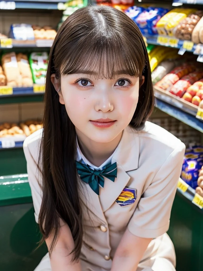 One Girl, (beautiful girl, Delicate girl:1.3), (14 years old:1.3),
break, (Uniform Costume:1.3),
break, (Sitting in the supermarket:1.2),
break, Very beautiful eyes, (Symmetrical eyes:1.3),
break, Small breasts, Brown eyes, Parted bangs, Brown Hair, (Upper teeth, The best smile:0.2),
break, (Eye and facial details:1.0),
break, (masterpiece, Highest quality, Very detailed, Detailed face, 8k)