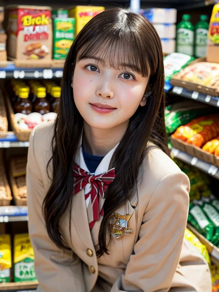 One Girl, (beautiful girl, Delicate girl:1.3), (14 years old:1.3),
break, (Uniform Costume:1.3),
break, (Sitting in the supermarket:1.2),
break, Very beautiful eyes, (Symmetrical eyes:1.3),
break, Small breasts, Brown eyes, Parted bangs, Brown Hair, (Upper teeth, The best smile:0.2),
break, (Eye and facial details:1.0),
break, (masterpiece, Highest quality, Very detailed, Detailed face, 8k)