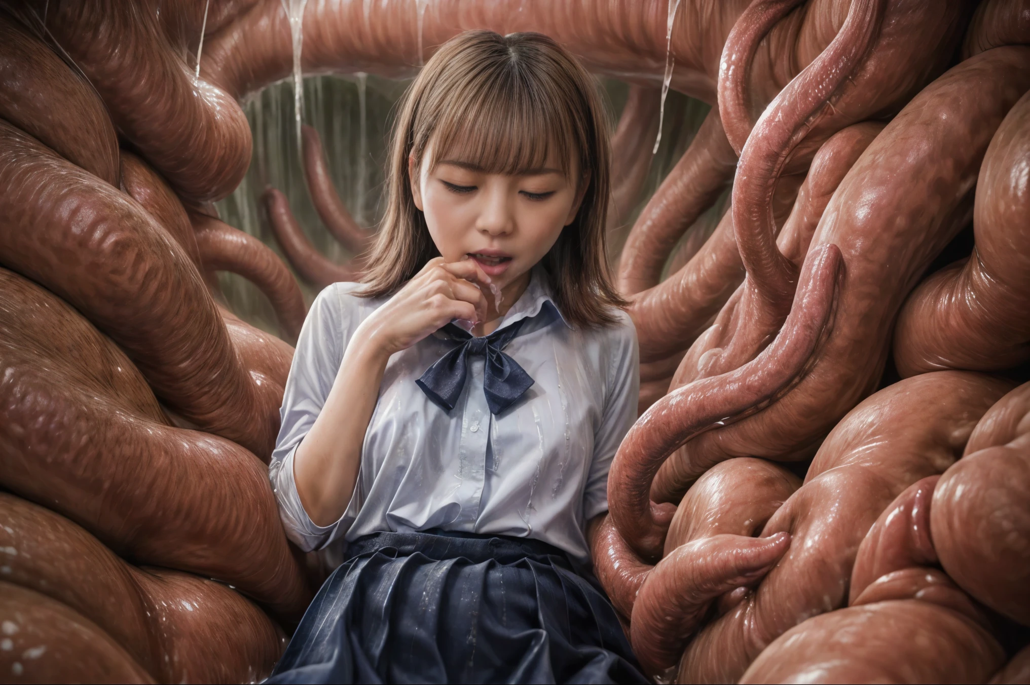 creepy tentacles are (((licking))) Asian school girl (inside creature:1.4) of stinky saliva fluids in fantasy, (stinky dress), wet girl, sitting, ((looking at the viewer)), wet skin, bukkake, anguished, bound by slimy tentacles, bdsm, vine, sitting in a mirror, she is resisting from cum shot, fetish, pussy juice stain, (she is hiding her mouth:1.5) inside creature, slimy ((wet skin)) dripping, (beautiful eyes), dried saliva, ((steaming)), depth of field, 1girl, solo, censored, ((white blouse)), skirt, bowtie, school girl, vore, photorealistic, womb cave filled with slime and saliva, wet, soaked, degraded