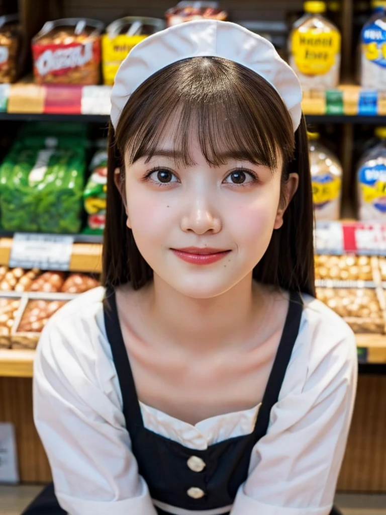 One Girl, (beautiful girl, Delicate girl:1.3), (14 years old:1.3),
break, (Maid Costume:1.3),
break, (Sitting in the supermarket:1.2),
break, Very beautiful eyes, (Symmetrical eyes:1.3),
break, Small breasts, Brown eyes, Parted bangs, Brown Hair, (Upper teeth, The best smile:0.2),
break, (Eye and facial details:1.0),
break, (masterpiece, Highest quality, Very detailed, Detailed face, 8k)