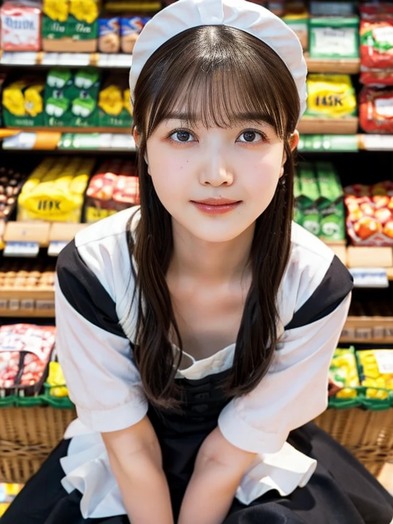 One Girl, (beautiful girl, Delicate girl:1.3), (14 years old:1.3),
break, (Maid Costume:1.3),
break, (Sitting in the supermarket:1.2),
break, Very beautiful eyes, (Symmetrical eyes:1.3),
break, Small breasts, Brown eyes, Parted bangs, Brown Hair, (Upper teeth, The best smile:0.2),
break, (Eye and facial details:1.0),
break, (masterpiece, Highest quality, Very detailed, Detailed face, 8k)