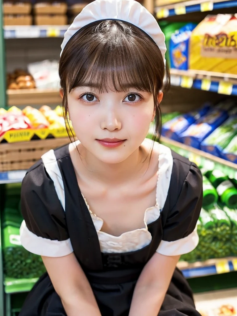 One Girl, (beautiful girl, Delicate girl:1.3), (14 years old:1.3),
break, (Maid Costume:1.3),
break, (Sitting in the supermarket:1.2),
break, Very beautiful eyes, (Symmetrical eyes:1.3),
break, Small breasts, Brown eyes, Parted bangs, Brown Hair, (Upper teeth, The best smile:0.2),
break, (Eye and facial details:1.0),
break, (masterpiece, Highest quality, Very detailed, Detailed face, 8k)