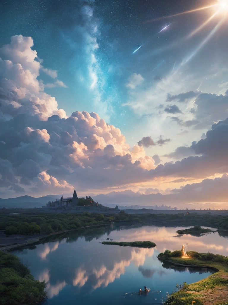 (8k, highest quality, masterpiece, final fantasy style: 1.2), (unRealistic, photoRealistic: 1.37), Dreamy landscape, Fantasy, Unsurreal landscapes, Super detailed, Flying Castle, Floating Island in the Sky, Seven-colored swirl of light, Intense lightning, milky way, Complex Light, Colored light, Large Lake, Starry sky reflected on the lake surface, Countless shining stars, Meteors,  Reflections , (A pillar of light emanated from the ground:1,2), roses and orchids gardens , sunset, pink clouds, waterfalls in the sky, realistic style, Hyperrealism drawing, a flying pirate spaceship floating at the clouds level, burning skyscrapers, cyborgs, timeless realms, stunning  princess  , floating hair, pink lipstick, cute, naked shoulders ,  casting spell, healing light magic effect, in a magical lagoon of the fairyland, crystal clear water surface reflections, sharp focus, looking at viewer, (close-up:0.9), (bright white theme:1.2), (bright white tone:1.2), (deep blue tone:1.3), realistic, Hyperrealism,