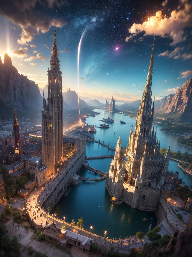 (8k, highest quality, masterpiece, final fantasy style: 1.2), (unRealistic, photoRealistic: 1.37), Dreamy landscape, Fantasy, Unsurreal landscapes, Super detailed, Flying Castle, Floating Island in the Sky, Seven-colored swirl of light, Intense lightning, milky way, Complex Light, Colored light, Large Lake, Starry sky reflected on the lake surface, Countless shining stars, Meteors,  Reflections , (A pillar of light emanated from the ground:1,2), roses and orchids gardens , sunset, pink clouds, waterfalls in the sky, realistic style, Hyperrealism drawing, a flying pirate spaceship floating at the clouds level, burning skyscrapers, cyborgs, timeless realms, stunning  princess  , floating hair, pink lipstick, cute, naked shoulders ,  casting spell, healing light magic effect, in a magical lagoon of the fairyland, crystal clear water surface reflections, sharp focus, looking at viewer, (close-up:0.9), (bright white theme:1.2), (bright white tone:1.2), (deep blue tone:1.3), realistic, Hyperrealism,vivid colours