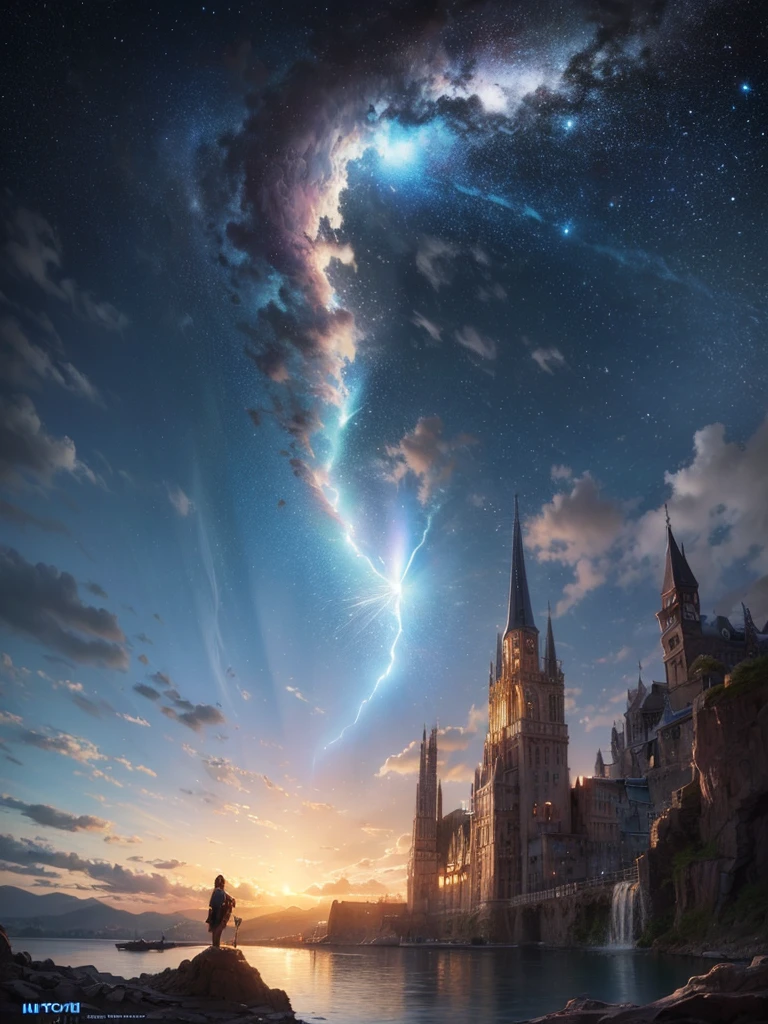 (8k, highest quality, masterpiece, final fantasy style: 1.2), (unRealistic, photoRealistic: 1.37), Dreamy landscape, Fantasy, Unsurreal landscapes, Super detailed, Flying Castle, Floating Island in the Sky, Seven-colored swirl of light, Intense lightning, milky way, Complex Light, Colored light, Large Lake, Starry sky reflected on the lake surface, Countless shining stars, Meteors,  Reflections , (A pillar of light emanated from the ground:1,2), roses and orchids gardens , sunset, pink clouds, waterfalls in the sky, realistic style, Hyperrealism drawing, a flying pirate spaceship floating at the clouds level, burning skyscrapers, cyborgs, timeless realms, stunning  princess  , floating hair, pink lipstick, cute, naked shoulders ,  casting spell, healing light magic effect, in a magical lagoon of the fairyland, crystal clear water surface reflections, sharp focus, looking at viewer, (close-up:0.9), (bright white theme:1.2), (bright white tone:1.2), (deep blue tone:1.3), realistic, Hyperrealism,vivid colours