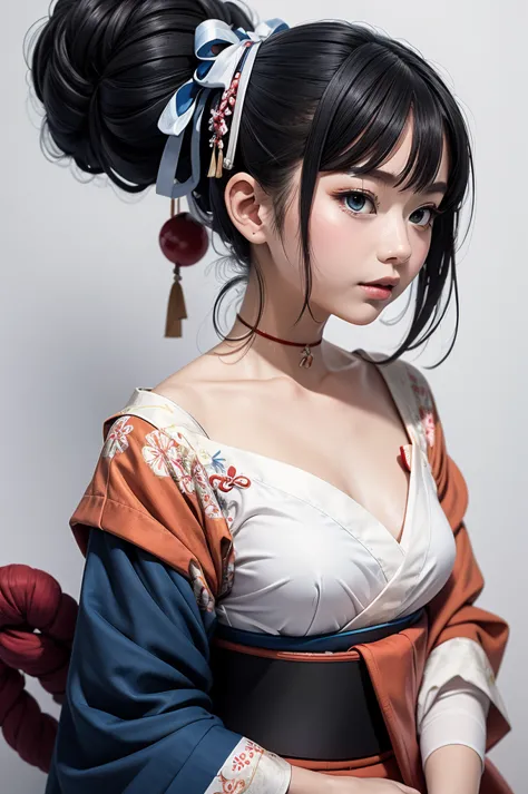 an animated drawing of girl in a kimono holding a blue bow, 1girl, japanese clothes, solo, hakama, miko, black hair, red hakama,...