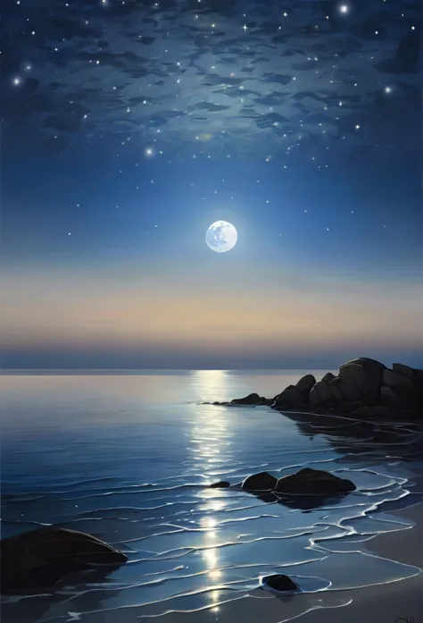 under the serene glow of a full moon, a tranquil sea stretches out into the horizon. the moonlight casts a silver sheen over the...