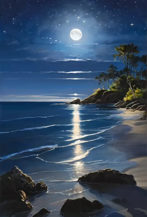 under the serene glow of a full moon, a tranquil sea stretches out into the horizon. the moonlight casts a silver sheen over the...