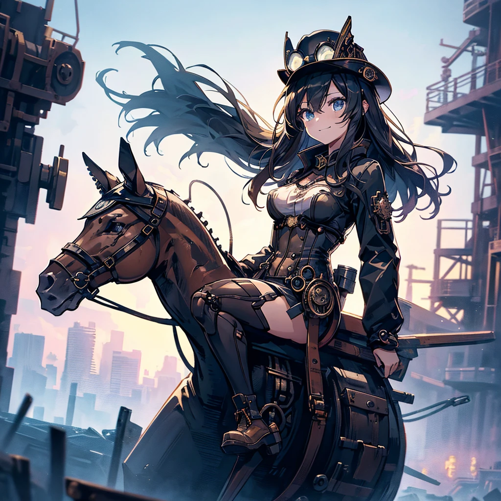 1girl,(Comic book style),(Line art_anime),(Cowboy Shot, Highest quality, ),(Photo by Laura Budd:1.2),(Laura Add details:1.0),8k, Flat Color:0.8,1 girl,smile、(Highly decorative and complex mechanical steampunk fashion, Lace flare dolphin hat、Goggles 1.5、machinery background、Gear background、Riding an intricately mechanized steampunk bike、1.5)