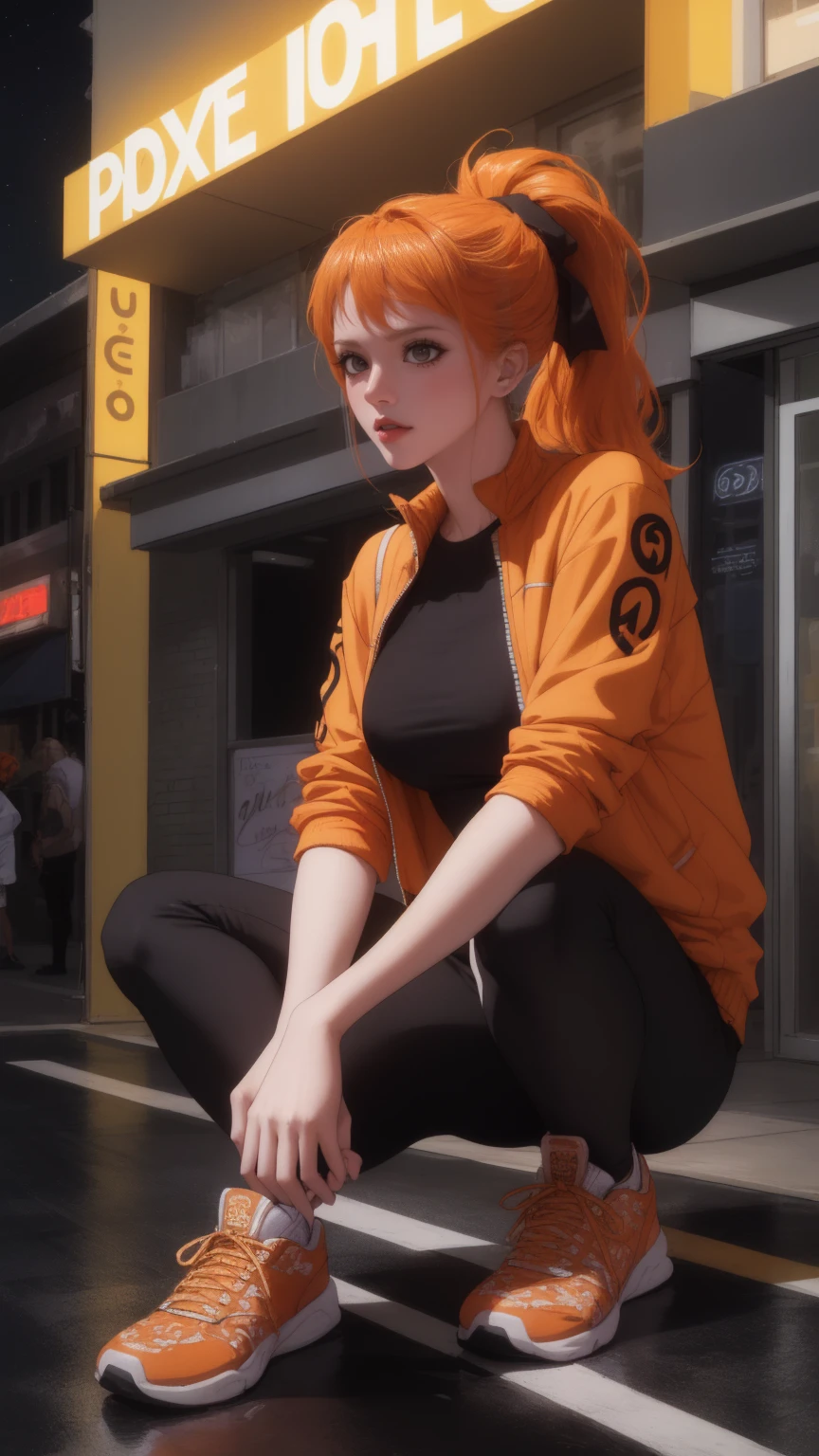 (masterpiece:1.2, best quality), realistic, (real picture, intricate details, depth of field), close up, Edgy girl, dark orange jacket, techwear, camera, backpack, white sneaker, platinum orange hair color, ponytail, dramatic makeup, piecing, sitting outside of a convenience store, looking at the street, outdoor, ((nighttime, dark city)), neon signs, individuality, authenticity, creative expression