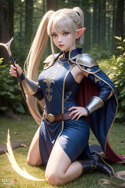 full body display、masterpiece，Best Quality，Very high resolution，Live-action、A resident of the world of swords and magic、Elf Woman、Appears to be a 17-year-old girl、Elven Archer、Elven hunters、blue eyes、Pointed Ears、Blonde ponytail、Bangs are drooping、Active girl、attractive、Medieval silver armor、Blue-based clothing、Cape、Delicate patterns on clothes、Perfect breasts、Medieval character style，Mysterious Light，Forest Background、