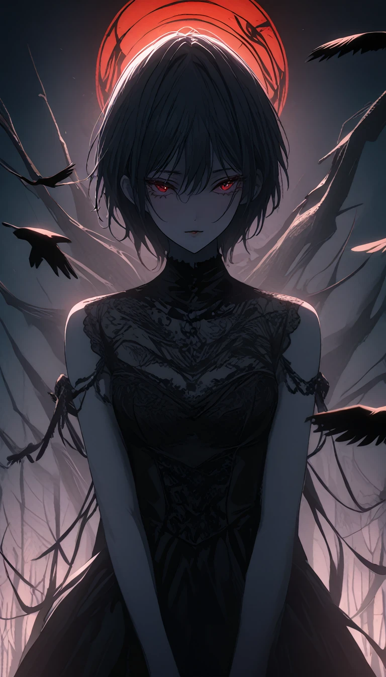 （Dark and scary atmosphere,Gothic Fashion,Dark colors）,（Highest quality，Super exquisite item）,Very sexy vampire girl,A large number of red spider lilies in full bloom on a red full moon night,Beautiful and delicate eyes,Beautiful black straight ponytail,Crow's feathers,Pale skin,No clothes on,naked,The moonlight illuminates her silhouette,A fantastic background created by darkness and moonlight,She is a tall girl who looks like an adult.,A crow is flying,Crow's feathersが舞う,Are standing,Deep foggy forest behind,（Courtesy）,((The shadows of several hanged bodies in the forest behind)),A flock of crows swarming around a corpse,Chained,Hanged by a chain around the neck,Hanging