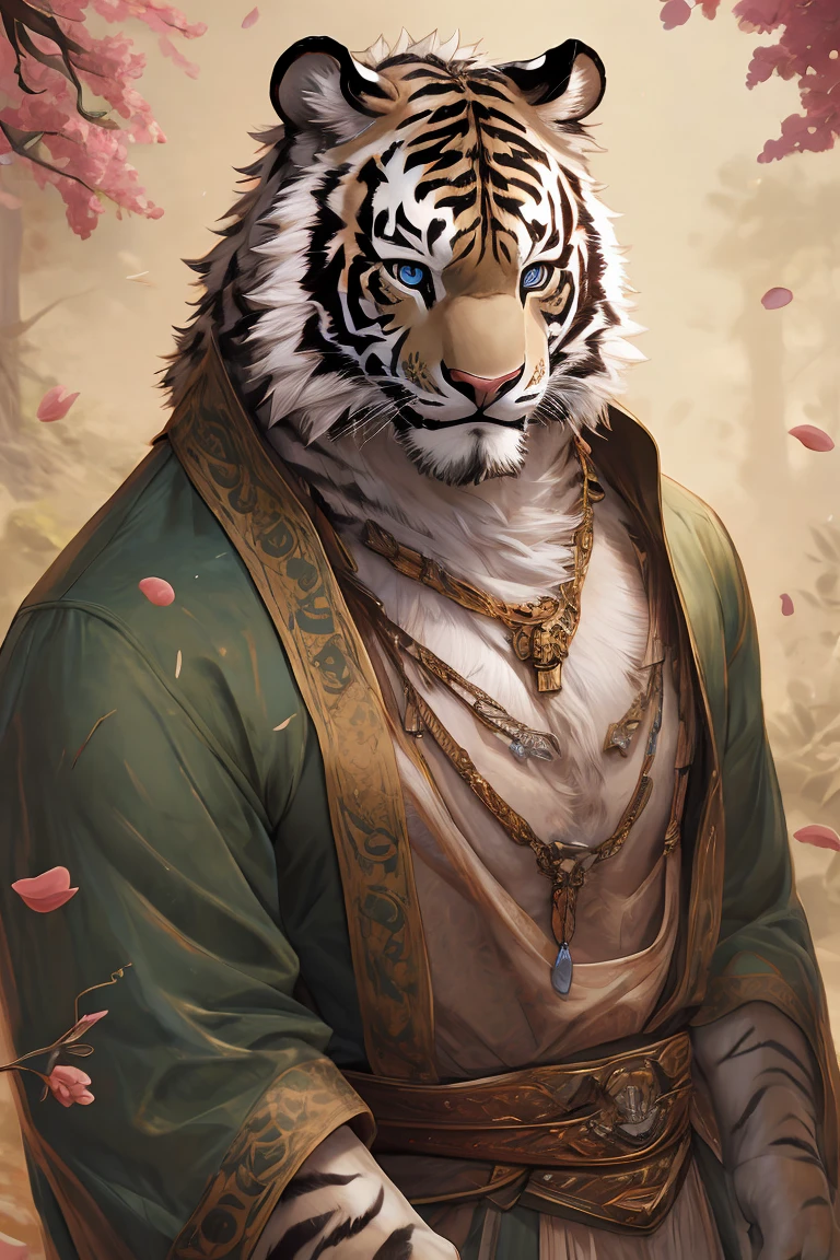 White fur,black strips,white tiger,medium height,Thin body type,Peach Blossom,White hair,Silver necklace,white tiger Orc,short hair,Smile,Solid wood house background,Croak,Peach Blossom Petals,male,Blue eyes,White robe,Peach Blossom Opens,Exquisite eyes,White Tiger, masterpiece, best quality, 8K resolution, Very detailed, hairy, Perfect anatomical structure, Light Particles