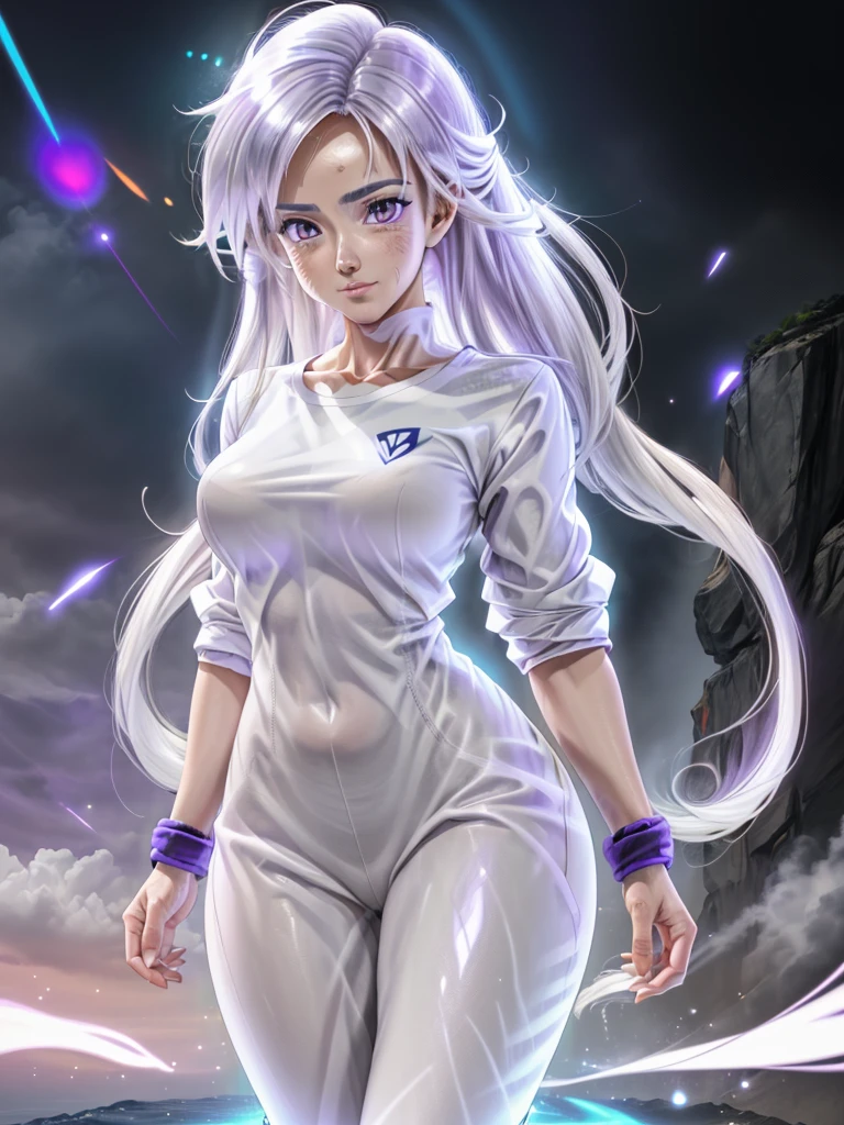 8k, Best Quality, realist, Victoria Villarruel dressed as Goku, bright purple clothes, base_form, ultra_instinct, long white_hair, ultrainstinct mode, ultrainstinct aura, very bright silver eyes, white aura around body, long straight shiny white hair, floating hair raised, high, slim figure with wide hips, serious expression, grin. outdoor, clearing, plain, desert.