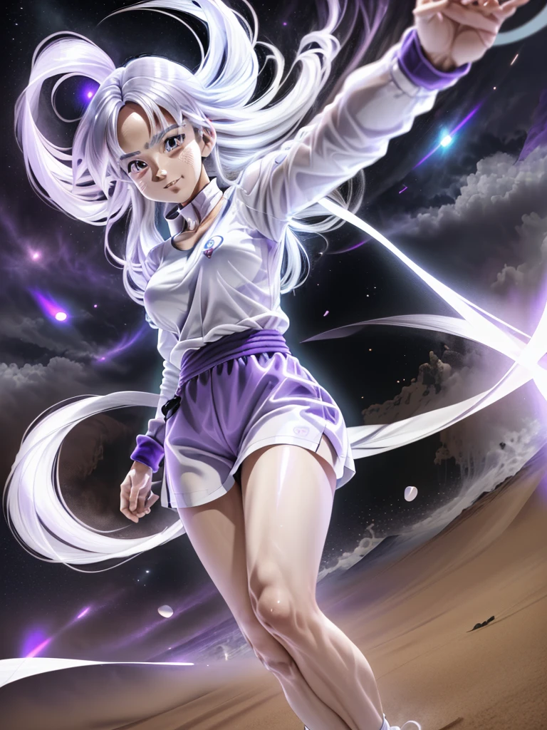 8k, 3D, Best Quality, realist, Victoria Villarruel dressed as Goku, bright purple clothes, ultrainstinct mode, ultrainstinct aura, very bright silver eyes, white aura around body, long straight shiny white hair, floating hair raised, high, slim figure with wide hips, serious expression, grin. outdoor, clearing, plain, desert.