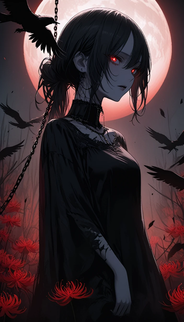 （Dark and scary atmosphere,Gothic Fashion,Dark colors）,（Highest quality，Super exquisite item）,Very sexy vampire girl,A large number of red spider lilies in full bloom on a red full moon night,Beautiful and delicate eyes,Beautiful black straight ponytail,Crow's feathers,Pale skin,No clothes on,naked,The moonlight illuminates her silhouette,A fantastic background created by darkness and moonlight,She is a tall girl who looks like an adult.,A crow is flying,Crow's feathersが舞う,Are standing,Deep foggy forest behind,（Courtesy）,((The shadows of several hanged bodies in the forest behind)),A flock of crows swarming around a corpse,Chained,Hanged by a chain around the neck,Hanging