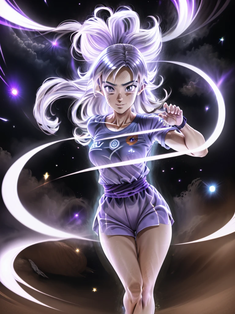 8k, 3D, Best Quality, realist, Victoria Villarruel dressed as Goku, combat pose, bright purple clothes, ultrainstinct mode, ultrainstinct aura, very bright silver eyes, white aura around body, bright white long hair, floating hair raised, high, slim figure with wide hips, serious expression, grin. outdoor, clearing, plain, desert.