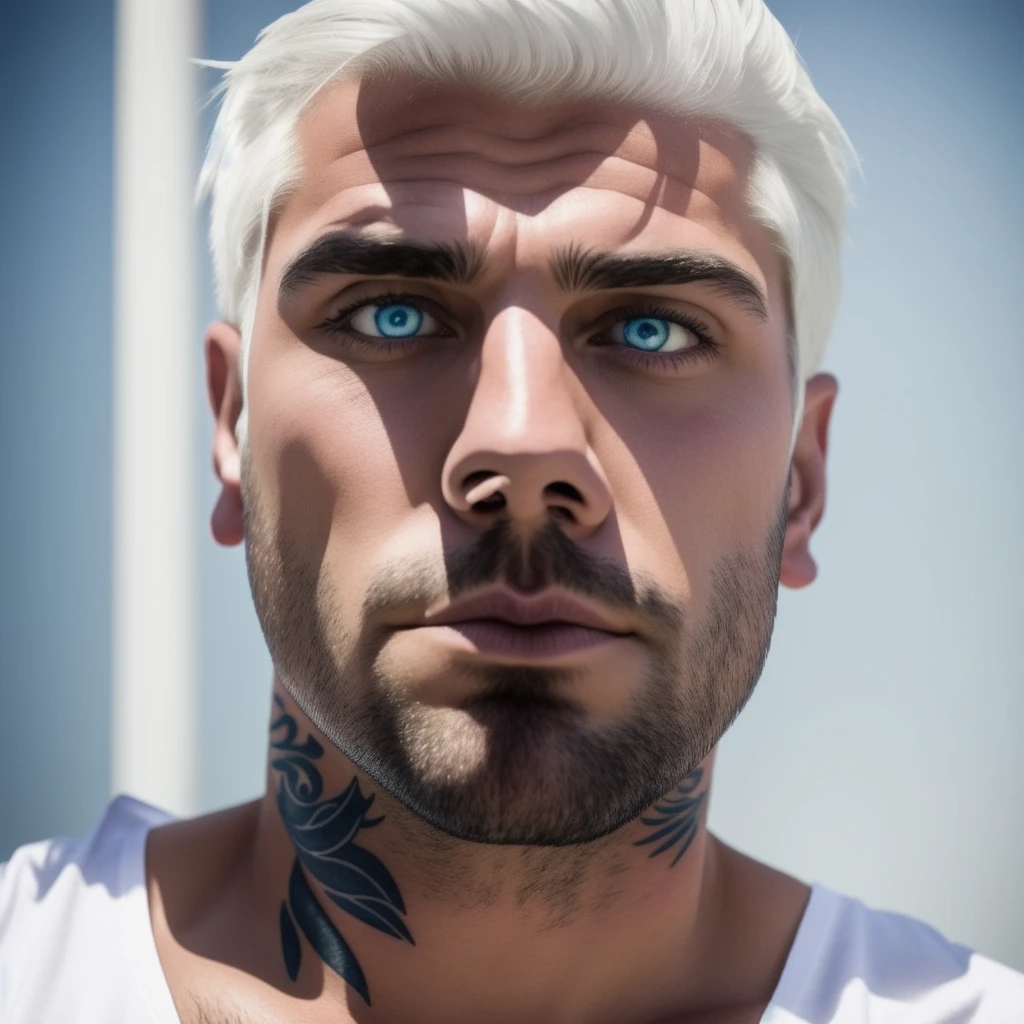 A character all tattooed pointing an AK 47 without a shirt and wearing white shorts, one blue eye and with a bad face but. Beautiful and white hair a low fead hair 
