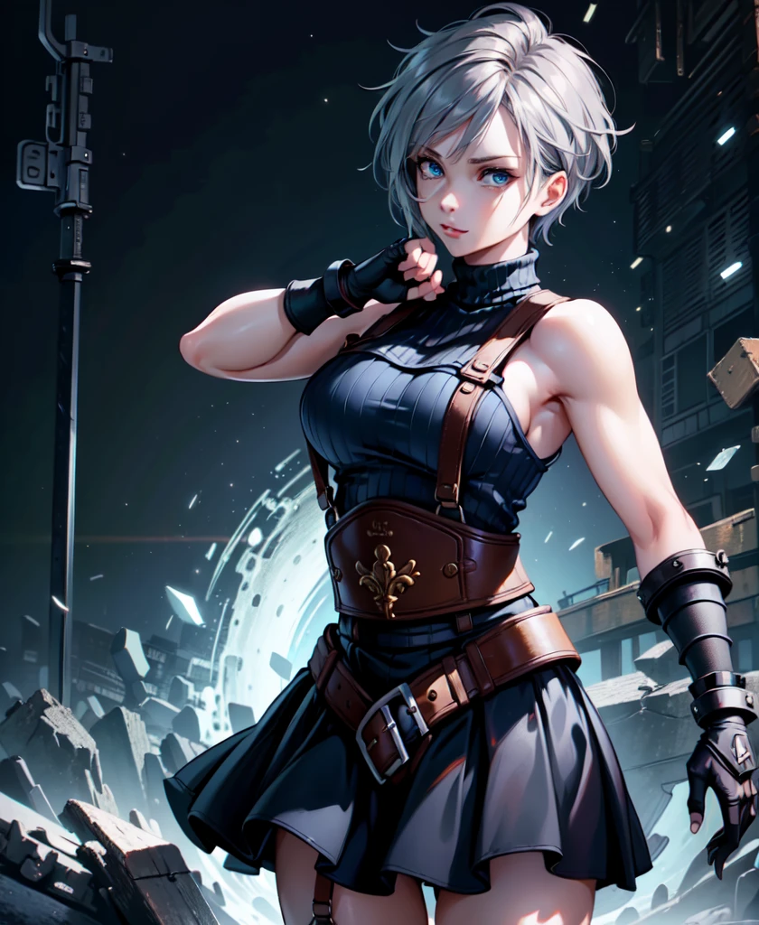 (masterpiece, Highest quality:1.2), Expressive eyes, Perfect Face, High resolution, 1 girl, alone, (woman:1.5), Struggle, short hair, Shoulder Armor, Sleeveless turtleneck, suspenders, belt, gloves, Braces, Are standing, Portraiture, View your viewers, Gray Hair, Glowing blue eyes, has a huge sword,