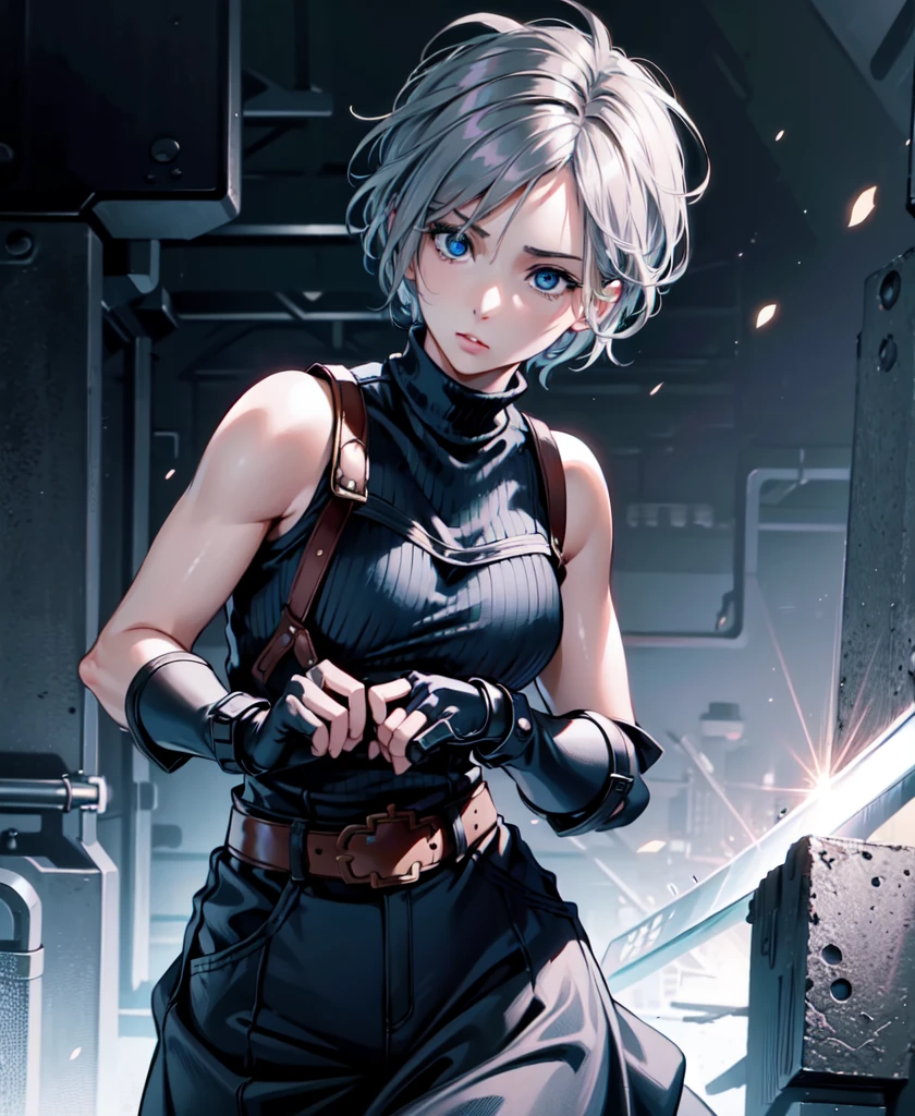 (masterpiece, Highest quality:1.2), Expressive eyes, Perfect Face, High resolution, 1 girl, alone, (woman:1.5), Struggle, short hair, Shoulder Armor, Sleeveless turtleneck, suspenders, belt, gloves, Braces, Are standing, Portraiture, View your viewers, Gray Hair, Glowing blue eyes, has a huge sword,