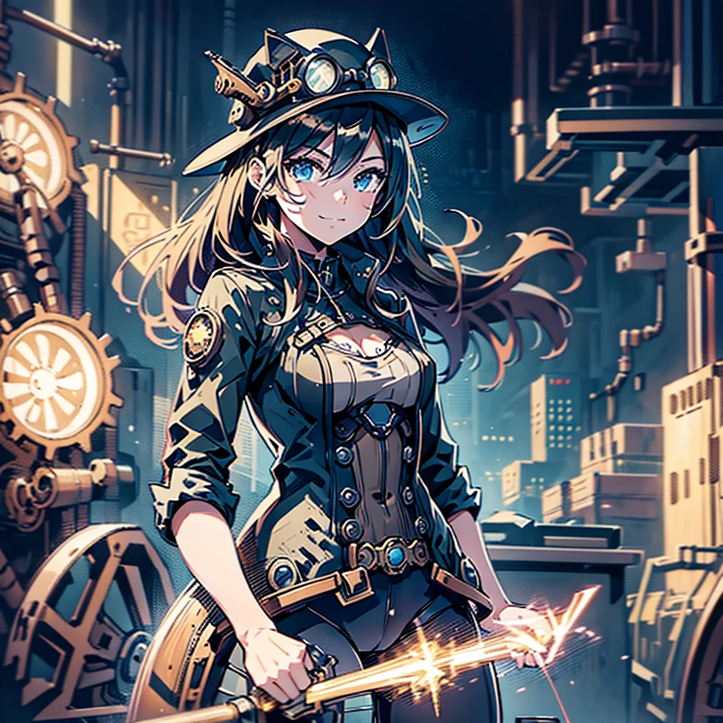 1girl,(Comic book style),(Line art_anime),(Cowboy Shot, Highest quality, ),(Photo by Laura Budd:1.2),(Laura Add details:1.0),8k, Flat Color:0.8,1 girl,smile、(Highly decorative and complex mechanical steampunk fashion, Lace flare dolphin hat、Goggles 1.5、machinery background、Gear background、Riding an intricately mechanized steampunk bike、1.5)