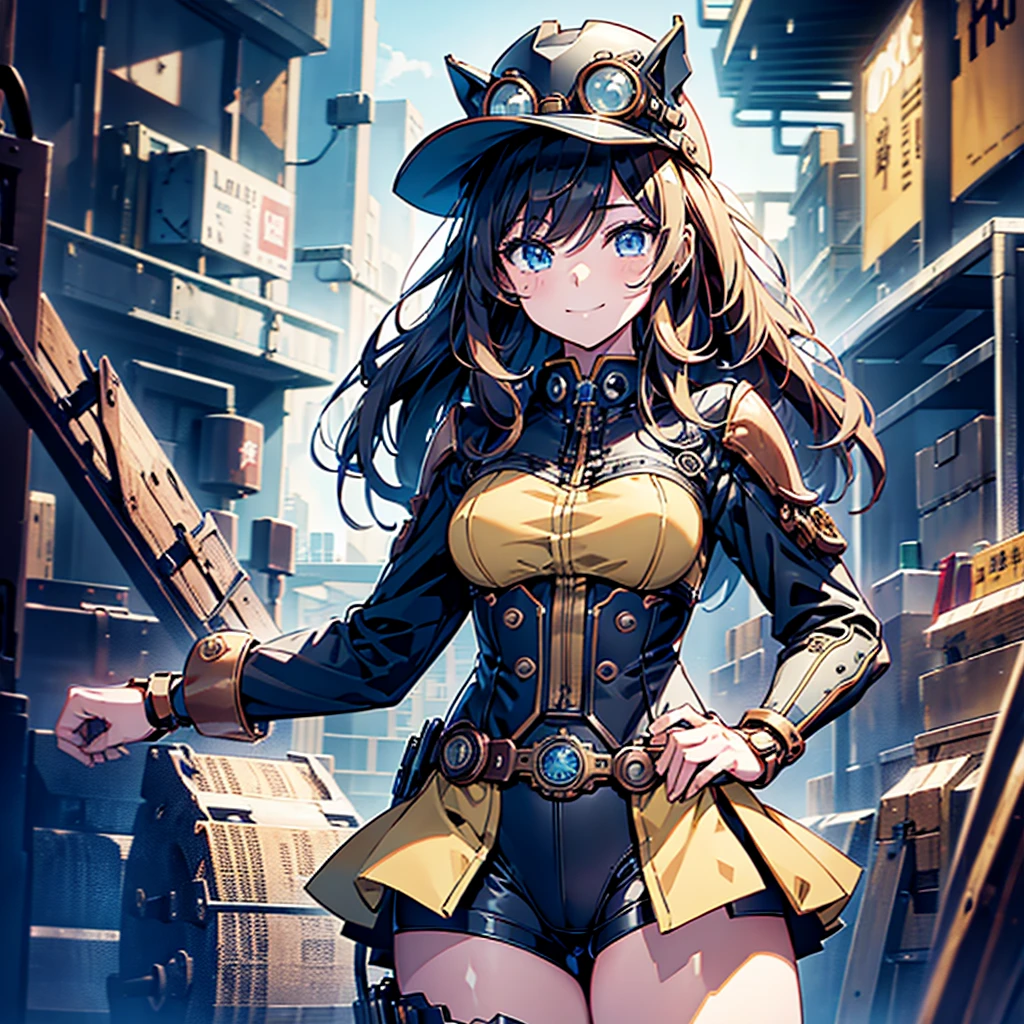 1girl,(Comic book style),(Line art_anime),(Cowboy Shot, Highest quality, ),(Photo by Laura Budd:1.2),(Laura Add details:1.0),8k, Flat Color:0.8,1 girl,smile、(Highly decorative and complex mechanical steampunk fashion, Lace flare dolphin hat、Goggles 1.5、machinery background、Gear background、Riding an intricately mechanized steampunk bike、1.5)