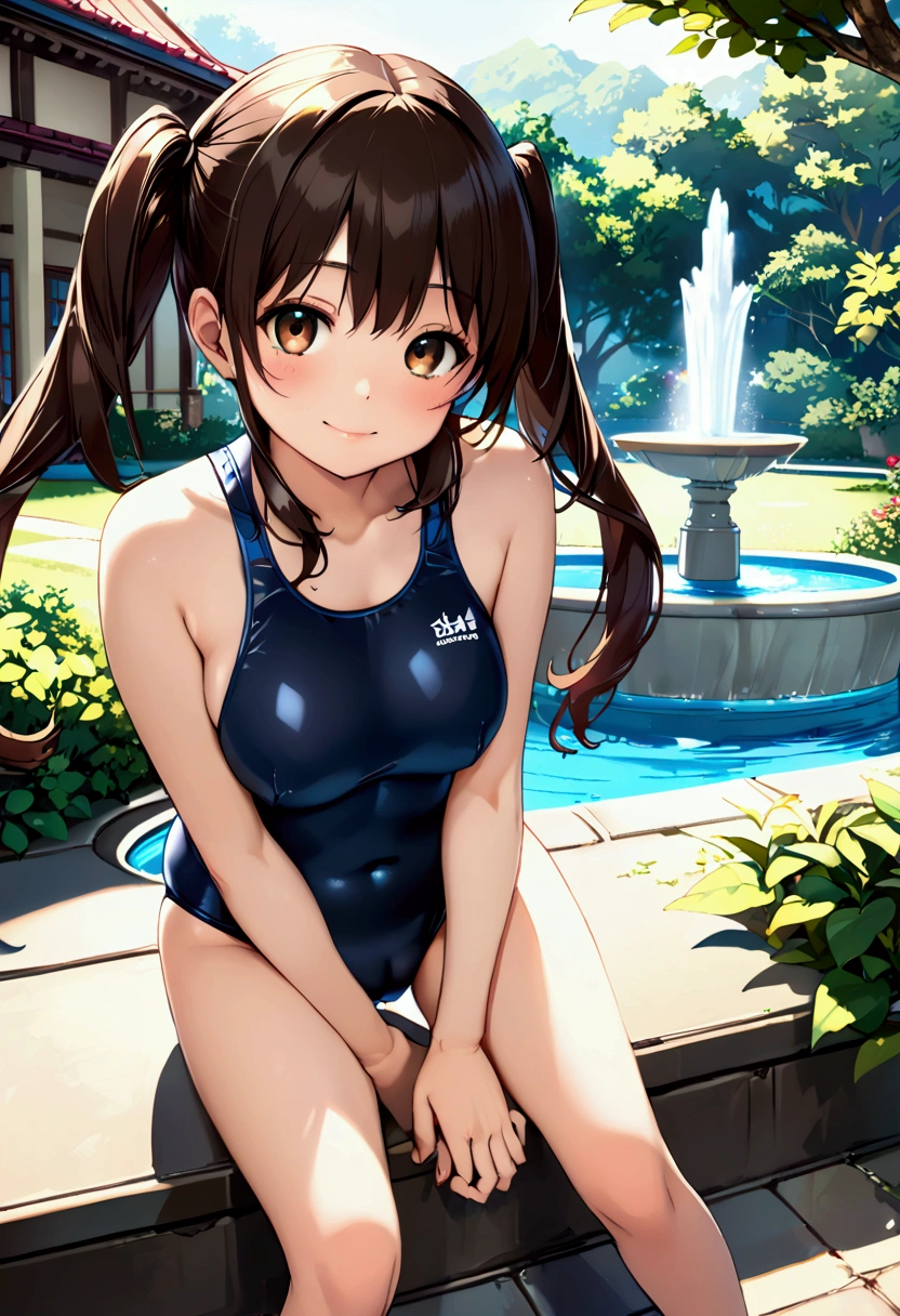 (nsfw:1.5)((垂れeye)),(((Twin tails))),Dark brown hair,pupil_Black,pupil_big,eye_small,Baby Face,round face,8k wallpaper, (shape:0.8), (Beautiful attention to detail:1.6), Highly detailed face, Perfect lighting, Extremely detailed CG, (Perfect hands, Perfect Anatomy),Home garden,Large garden,（Pool）,セレブの家の庭にはPoolがあります,Surrounded by nature,School Swimsuit,Sit by the fountain,Spiteful smile,