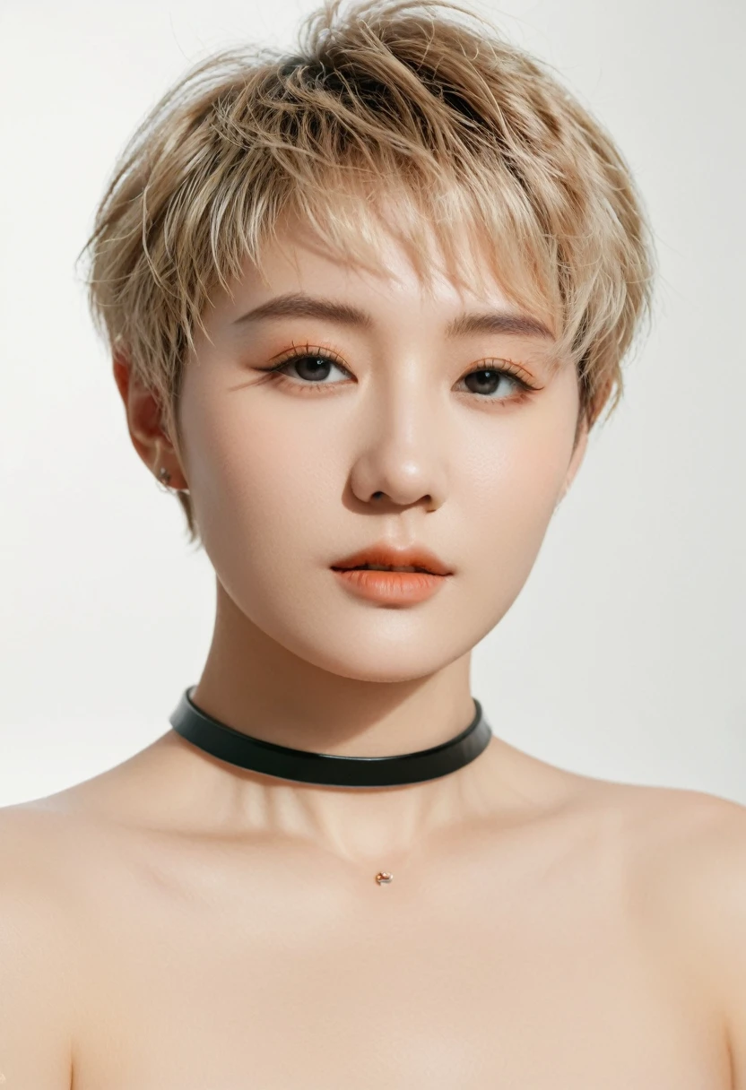 (Highest quality、4K、8k、High resolution、masterpiece:1.2)、Very detailed、(Genuine、Realistic、Realistic:1.3)、blonde、Pixie Cut、Black choker、((Completely naked))、