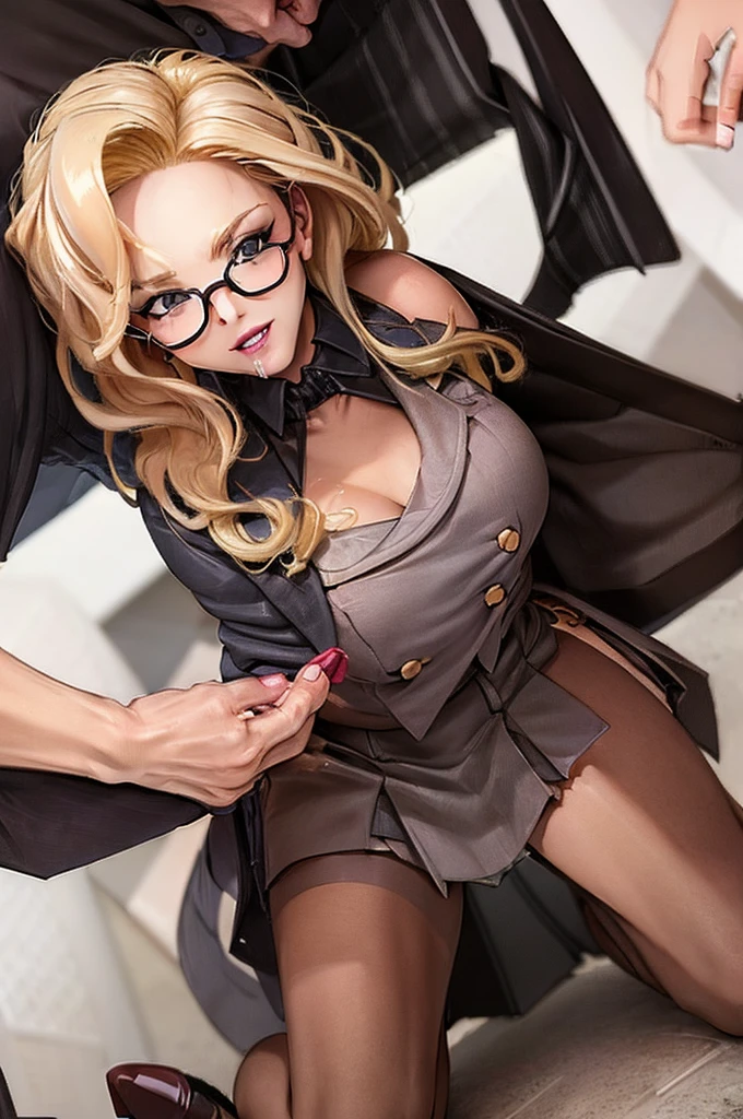 (Masterpiece, Best Quality, High Quality:1.4), professional artwork, well drawn, Intricate Details, field of view, sharp focus, detailed painting, masterpiece, cinematic lighting, trending on pixiv, vivid lighting, vibrant colors, by by Nagasawa Rosetsu,
MadamePresident, mature female, milf, kneeling, , office background, afternoon, full body shot,
blonde hair, long hair, wavy hair, lipstick, makeup, ultra detail hair, ultra detail face, perfect eyes, perfect face, earring, brown eyes, Looking at Viewer, flirting, smiling,
grey skirt suit, (((three-piece suit))), necktie, blazer, (((suit jacket))), (((waistcoat))), double-breasted waistcoat, (((miniskirt))), (((pencil skirt))), stockings, skirt, tie clip, pocket square, pantyhose, high heels, glasses, cufflinks,
red nails, nail polish, blowbang, multiple men, bukkake, kneeling, , , facial, cum, cum on face, cum drenched, , cum on clothes, penis, fully clothed