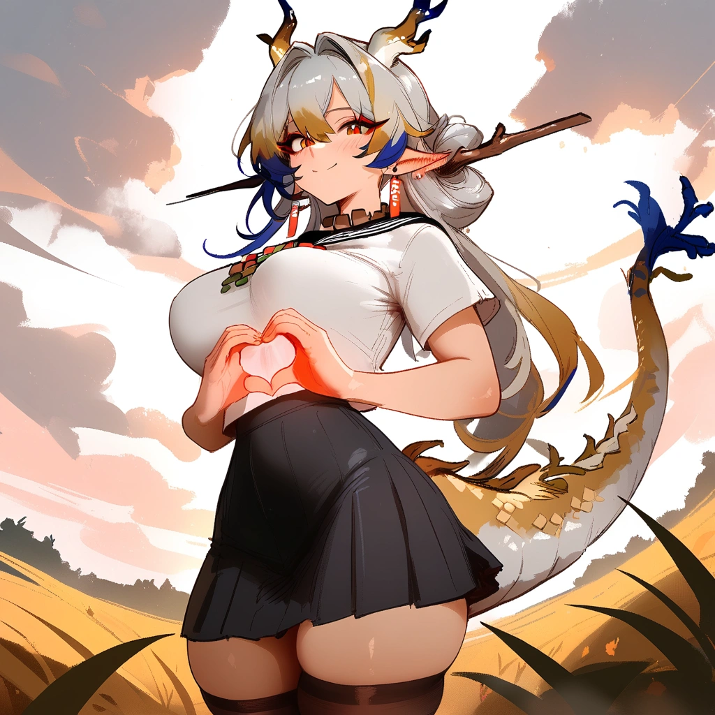 1girl, shu \(arknights\), arknights \\\\\ masterpiece, best quality, newest, horns, ///// , , by khyle, cutesexyrobutts, nyantcha \\\\\ thin waist, highres, absurdes.,,,big breasts, dragon_girl, cropped legs, sky, clouds, dragon tail, serafuku, sailor collar, skirt, , looking at viewer,  black stockings, implied sex, field, smile, blush, ear blush, heart shaped hands