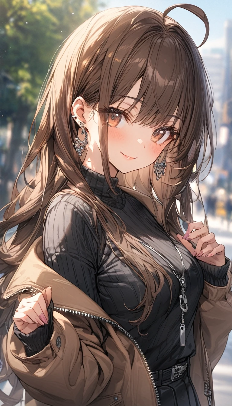 ((masterpiece, best quality)), very aesthetic, absurdres, One girl, Ahoge, bangs, black skirt, black sweater, Blurred, Blurred background, chest, Brown eyes, Brown Hair, brown Jacket, Mouth closed, Day, Depth of written boundary, Earrings, eyelash, Raise your hand, Tilt your head, Jacket, jewelry, Long Hair, Long sleeve, View Viewer, medium chest, Manicure, Open clothes, open Jacket, Outdoor, Pursed lips, Tucked in shirt, Side Lock, skirt, Sleeves are longer than the wrist, alone, sweater, Upper Body, zipper, smile,