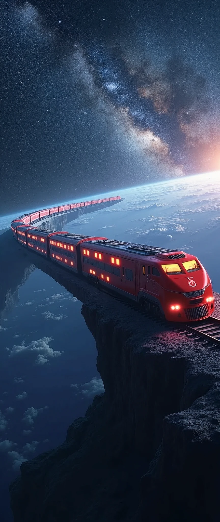 Train-shaped spaceship,10-car train,(beautiful機体:2.0),(The background is outer space and the Milky Way:1.6),masterpiece,Highest quality,Ultra-high resolution,(Super detailed),8k,Realistic,Best aesthetics,beautiful,(dynamic)