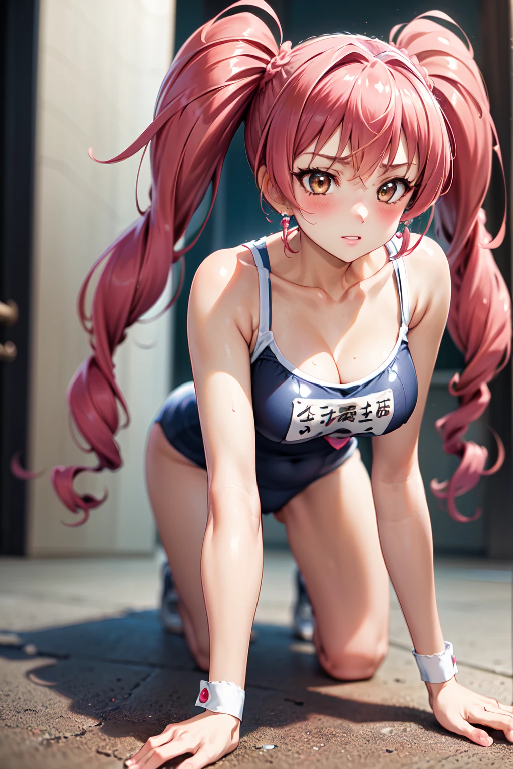 masterpiece, Highest quality, High resolution, One Girl, alone,Twin tails, Long Hair、Redhead, Brown eyes,prison、((Cure Melody))、 large breasts,school swimsuit,all fours