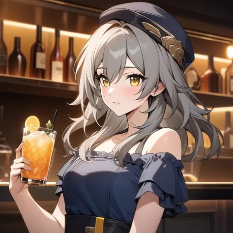 stelle from honkai star rail, stelle, stylish pose, holding drink glass, anatomically correct 1girl, grey hair, golden eyes, bea...