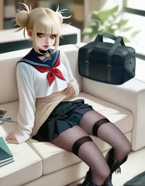 himiko toga (black fishnet stockings and black skirt) (black boots)