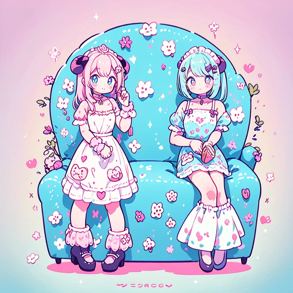 masterpiece, best quality, ultra detailed, beautiful shading, cinematic ligthing, studio lights, cute, kawaii, big eyes, flower pattern on pupil, shaped pupil , cute polka dot pattern on bows, plaid, light pink colored hair，Powder-blue pupils，Wear pink and blue maid outfits，Sweet girl with pure white,full body, full shot, horns, little devil, wow, retro, hairclips, decora, a lot of accessories