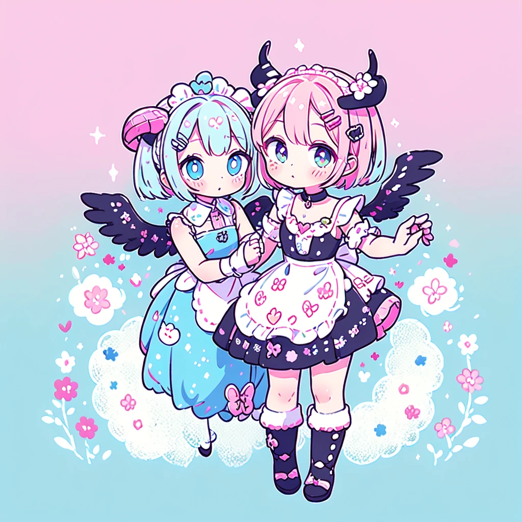 masterpiece, best quality, ultra detailed, beautiful shading, cinematic ligthing, studio lights, cute, kawaii, big eyes, flower pattern on pupil, shaped pupil , cute polka dot pattern on bows, plaid, light pink colored hair，Powder-blue pupils，Wear pink and blue maid outfits，Sweet girl with pure white,full body, full shot, horns, little devil, wow, retro, hairclips, decora, a lot of accessories