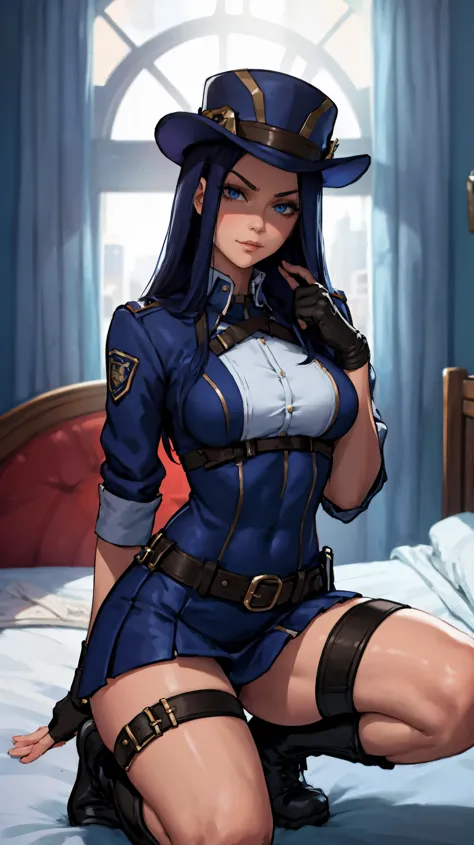 1 girl, solo, Caitlyn, long dark blue hair, hat, fleshy legs, tight police clothes, fingerless gloves, boots, mini skirt, thigh ...