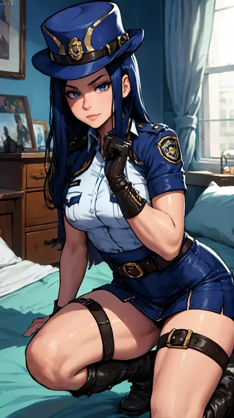 1 girl, solo, Caitlyn, long dark blue hair, hat, fleshy legs, tight police clothes, fingerless gloves, boots, mini skirt, thigh ...