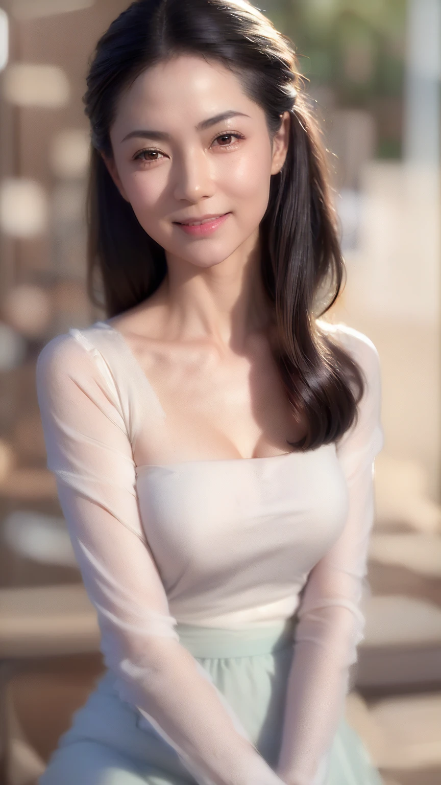 ((Highest quality, 8k, Ultra-high resolution)), ((masterpiece: 1.3)), (Perfect appearance), (Photorealism: 1.6), (JMA), (Who), (Portrait of a mature Japanese woman), (Blurred Background: 1.8), (sunny day in a park), (Woman standing in the shade), ((Look here)), ((Realistic skin texture)), (Fine wrinkles appear all over the skin, Dullness, Unmoisturized skin, Wrinkles around the eyes, double eyelid, Lower eyelid tear sulcus, Dimples, corner of the eye, Thin eyebrows), Slightly parted lips, Smiling Kindly, (Plain, Round neck, dolman sleeves, Chiffon shirt: 1.2), (Slimming body), (Small breasts), (Tight long skirt),