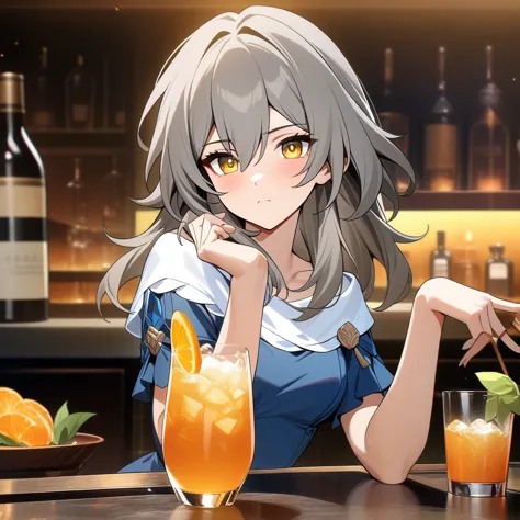 stelle from honkai star rail, stelle, stylish pose, staring at drink glass, orange drink, anatomically correct 1girl, grey hair,...