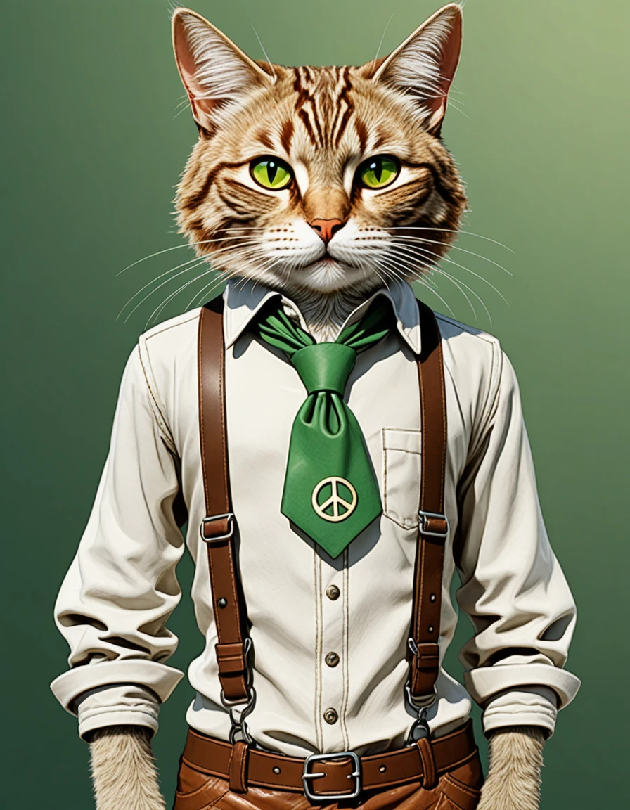 A photograph-style image of an anthropomorphic character with a cat's head and a human body. The cat has short, light brown fur with darker areas on the face and ears, and has a calm expression. Its eyes are large, green, and give off an intelligent and curious vibe. The character is wearing a well-ironed white shirt with rolled-up sleeves and brown leather suspenders that attach to beige pants. Around its neck, it has a brown collar with a peace symbol pendant (☮). The character's hands and arms are covered in dark fur, resembling that of a cat. It poses in a relaxed manner with both hands in its pockets and a slight forward lean. The background is a simple greenish-gray, making the subject stand out prominently. The image is detailed, with a focus on the texture of the fur, fabric, and leather, giving it a realistic and high-quality photographic appearance.